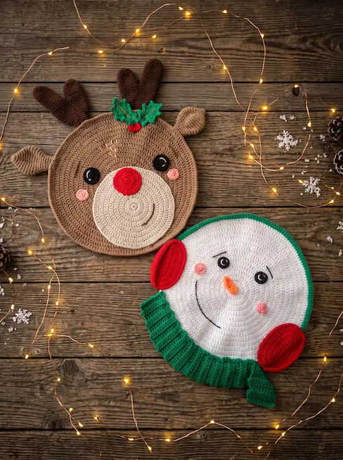 Individuales de reno y muñeco de nieve tejidos a crochet